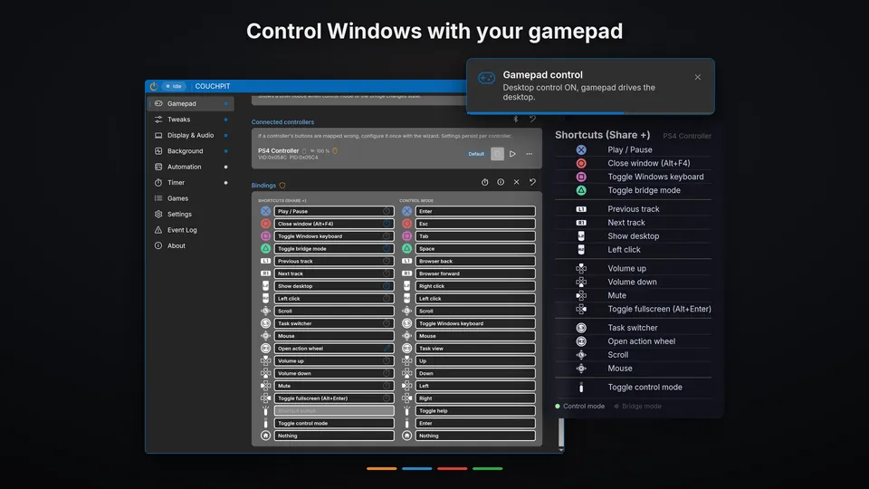The Gamepad tab with every shortcut, the on-screen cheat sheet and the control mode notice
