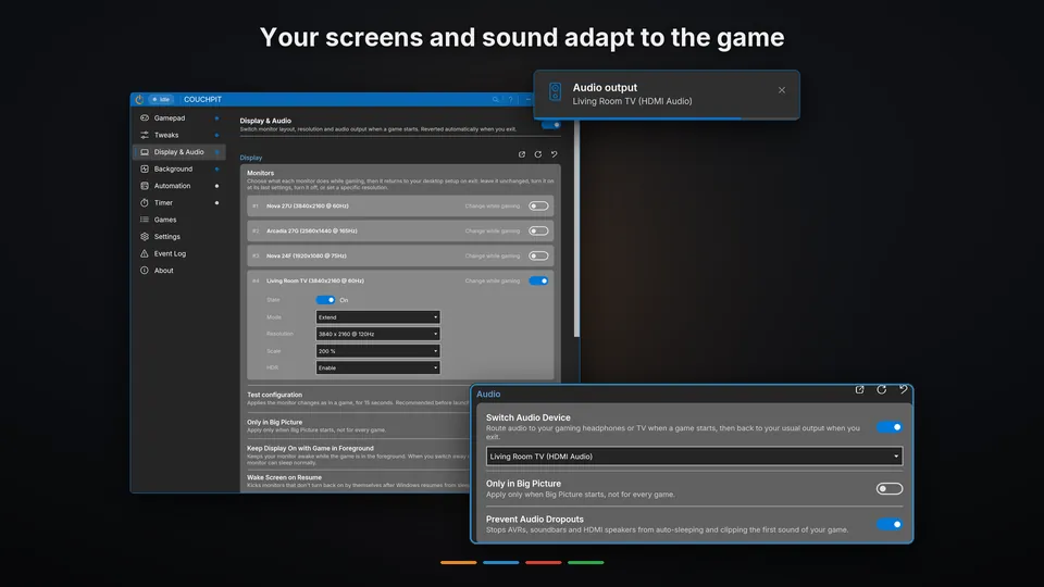 The Display and Audio tab with a TV set up for the session and the sound sent to it