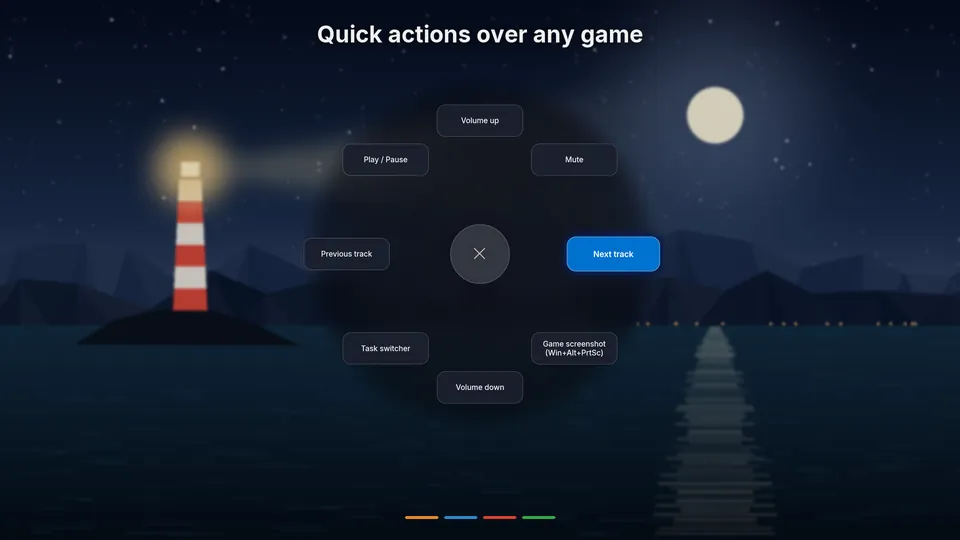 The action wheel open over a game, with volume, track, screenshot and app switching slots