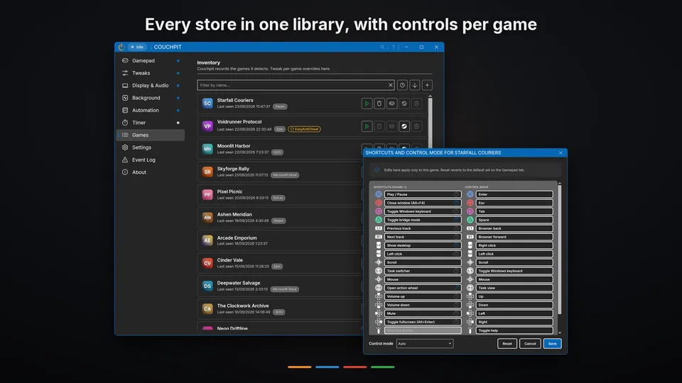 The Games tab listing games from Steam, Epic, GOG, itch.io and the Microsoft Store, with one game's own shortcuts open